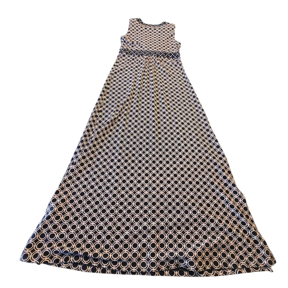 Lands' End Womens Navy Blue Pattern Tank Sleeve Vneck Maxi Dress Size M 10-12 D6